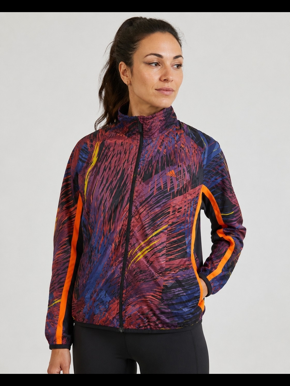 adidas Jacket Sz Lg Women's Purple Multi-Print Track Jacket with Orange Accents